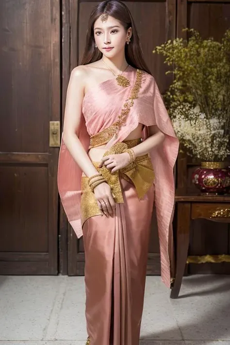 (photorealistic:1.4),(raw photo:1.2),official art,(extremely detailed CG:1.2), (masterpiece:1.2), (best quality:1.2),looking at viewer,(full body)
,(1girl),(long hair),standing,(thai tradition dress:1.05),pink dress,dynamic pose,(tradition shoulder shawl),((brown skirt)),(golden jewelry),
, <lora:thailandTradition_thailandDress:0.8>, pureerosface_v1
<lora:koreanDollLikenesss_v10:0.4>
<lora:japaneseDollLikeness_v10:0.4>