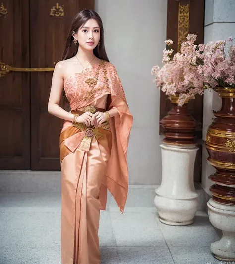 (photorealistic:1.4),(raw photo:1.2),official art,(extremely detailed CG:1.2), (masterpiece:1.2), (best quality:1.2),looking at viewer,(full body)
,(1girl),(long hair),standing,(thai tradition dress:1.05),pink dress,dynamic pose,(tradition shoulder shawl),((brown skirt)),(golden jewelry),
, <lora:thailandTradition_thailandDress:0.8>, pureerosface_v1
<lora:koreanDollLikenesss_v10:0.4>
<lora:japaneseDollLikeness_v10:0.4>
