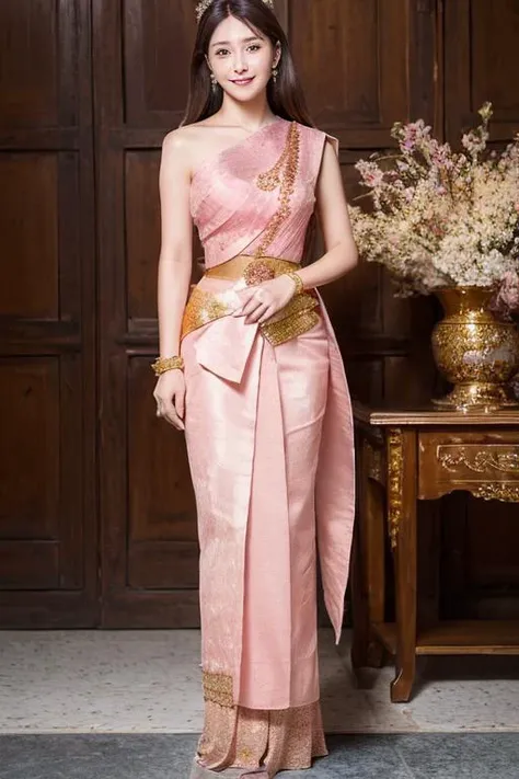 (photorealistic:1.4),(raw photo:1.2),official art,(extremely detailed CG:1.2), (masterpiece:1.2), (best quality:1.2),looking at viewer,(full body)
,(1girl),(long hair),standing,(thai tradition dress:1.05),pink dress,dynamic pose,(tradition shoulder shawl),((brown skirt)),(golden jewelry), (smile)
, <lora:thailandTradition_thailandDress:0.8>,
<lora:koreanDollLikenesss_v10:0.4>
<lora:japaneseDollLikeness_v10:0.4>
