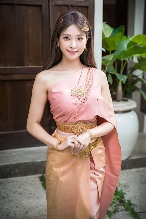 A woman in a pink dress standing in front of a door - SeaArt AI