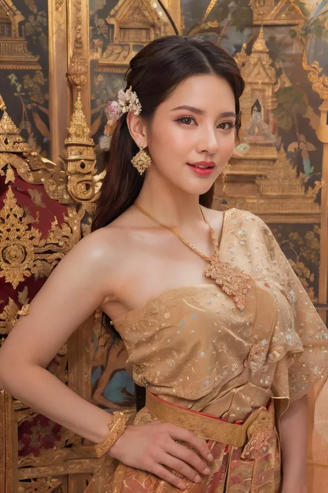 (masterpiece:1.3), (best quality:1.3), (realistic:1.3), (photorealistic:1.4), (extremely intricate:1.3), (exquisitely detailed skin), vibrant color, shallow depth of field, ultra high res, 8k, uhd, hyper realistic, perfect anatomy, best shadow, ray tracing, delicate, intricate detailed, raw photo, hdr, sharp focus, front view, cowboy shot, 1girl, solo, (large breasts:1.3), white skin, random hairstyle, beautiful woman wearing sabai with linevichit pattern, linevichit design, linekanok background, linekanok style, (black and red clothes:1.3), hair ornament, gloss lips, eyeshadow, jewelry, earrings, looking at viewer, naughty face, naughty smile, dynamic pose, scenery, outdoor, thai temple, thai architecture, landscape,<lora:sabai6:1> <lora:linevichit3:1> <lora:ThaiDollLikeness_v10:0.4>