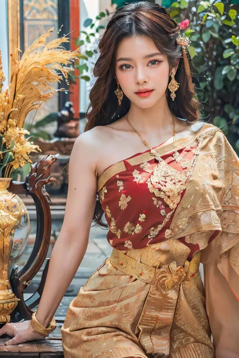 (masterpiece:1.3), (best quality:1.3), (realistic:1.3), (photorealistic:1.4), (extremely intricate:1.3), (exquisitely detailed skin),  vibrant color, shallow depth of field, ultra high res, 8k, uhd, hyper realistic, perfect anatomy, best shadow, ray tracing, delicate, intricate detailed, raw photo, hdr, sharp focus, front view, cowboy shot, 1girl, solo, (large breasts:1.3), white skin, random hairstyle, beautiful woman wearing sabai with linevichit pattern, linevichit design, linekanok background, linekanok style, (black and red clothes:1.3), hair ornament, gloss lips, eyeshadow, jewelry, earrings, looking at viewer, naughty face, naughty smile, dynamic pose, scenery, outdoor, thai temple, thai architecture, landscape,<lora:sabai6:1> <lora:linevichit3:1>   <lora:ThaiDollLikeness_v10:0.4>