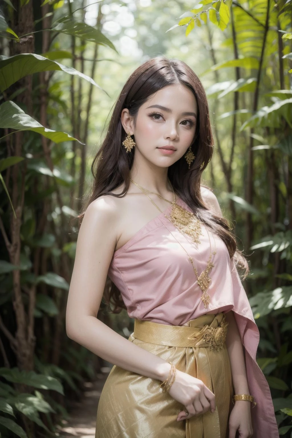 (realistic),(masterpiece:1.2), (best quality:1.2),looking at viewer, dramatic pose,(walking in in forest on morning), golden hour, dim light, rim light,
beauty 1girl 18yo, little smile, long shot, (pink sabai),(jewelry:1.1),long hair, (gold linekanok pattern)
, <lora:sabai6:0.8> <lora:linevichit3:0.7>