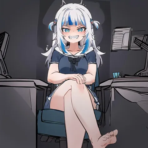 2d, masterpiece, best quality, simple background, heart-shaped pupils, full body, 1girl, solo, gawr gura, shark girl, hololive, virtual youtuber, white hair, streaked hair, shark hair ornament, evil grin, sharp teeth, blue hoodie, shark print, shark costume, on chair, office chair, monitor, crossed legs, feet <lora:moral cacoethes:0.9>