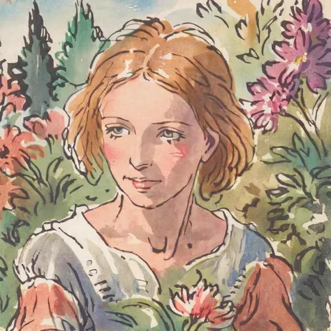 jchadel closeup portrait of girl in garden and flowers background<lora:jchadel:1>
