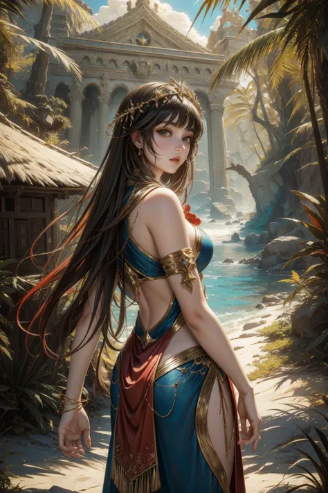 1girl, [ (detailed art by Pietro da Cortona:1.2) | (Eduard Cortes:1.2) | (Jean Delville:1.3) ], detailed Unreal Engine, concept art, landscape of a Callous Tiki Alabaster ([The Red Sea Crossing|Church of the Savior on Blood]:1.3) in the distance there is a Marsh, warm woods with Wild mushroom patch, Summer, Magic Realism, Energetic, Neo-Dadaism Art, Dramatic spotlight, F/5, four colors, surreal design, taiji, masterpiece, 64K, photography