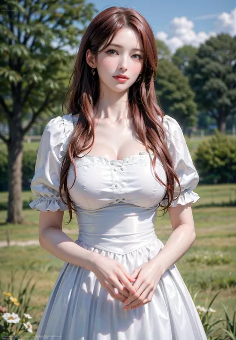 Masterpiece, Best Quality, (Photorealistic:1.4), 1 Girl, RedHead, In Fields, High Details, Hyper Realistic, Glowing Body, petals flying, Medieval Clothes, Digital Art, Face Details:1.8, <lora:breastsizeslideroffset:0.2> <lora:ARr:0.6>