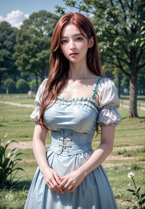 Masterpiece, Best Quality, (Photorealistic:1.4), 1 Girl, RedHead, In Fields, High Details, Hyper Realistic, Glowing Body, petals flying, Medieval Clothes, Digital Art, Face Details:1.8, <lora:breastsizeslideroffset:0.2> <lora:ARr:0.6>