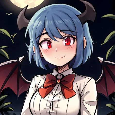 Anime Femboy, Fine skin, cute, (masterpiece, highest quality, 8K ultra-high resolution:1.4), beautiful detailed eyes, ultra-detailed, drsizukachan1,
Standing, front view,
remilia_scarlet_touhou, red_eyes, mob_cap, short_hair, bat_wings, wings, hat, blue_hair, hair_between_eyes, bangs, smile, red_ribbon,
(((Completely naked))), pussy line,
((Femboy)), no ko , a feminine boy, (((no constriction, Dim body)))
red moon night background,