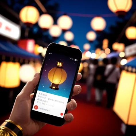 bracelet, lantern, pov hand, smartphone, festival, night, <lora:lantern_and_smartphone_v1:0.5>