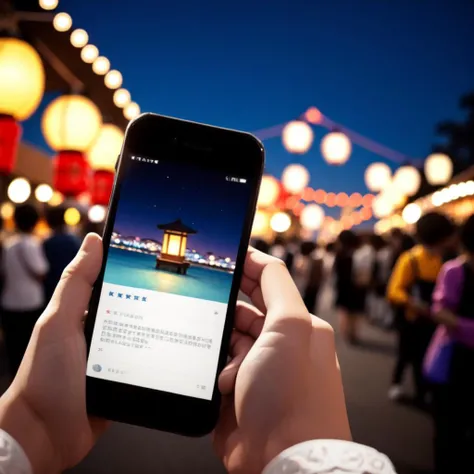 bracelet, lantern, pov hand, smartphone, festival, night, <lora:lantern_and_smartphone_v1:0.5>