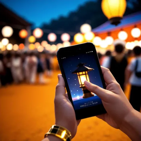 bracelet, lantern, pov hand, smartphone, festival, night, <lora:lantern_and_smartphone_v1:0.5>