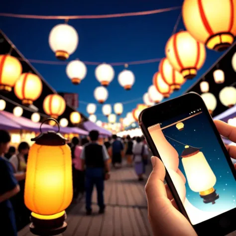 bracelet, lantern, pov hand, smartphone, festival, night, paper lantern, <lora:lantern_and_smartphone_v1:0.5>