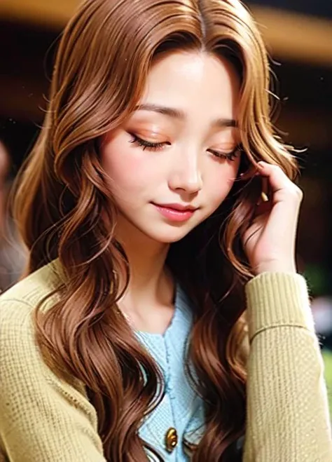 <lora:1661199677682716776:1> nunnally lamperouge, brown hair, wavy hair, very long hair, closed eye