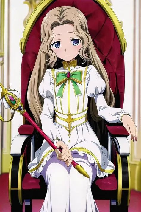 masterpiece, best quality, absurdres, ultra detail,<lora:GoodHands-vanilla:0.8> <lora:anmnr01:0.3> <lora:add_detail:0.5> <lora:nunnally lamperouge:0.7>nunnally lamperouge,wheelchair,marble room,grabbing short thick scepter,white Gorgeous dress