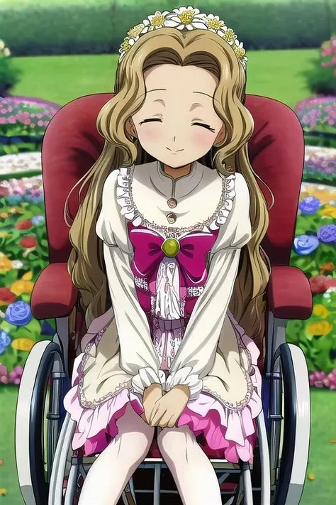 masterpiece, best quality, absurdres, ultra detail,<lora:GoodHands-vanilla:0.8> <lora:anmnr01:0.3> <lora:add_detail:0.5>  <lora:nunnally lamperouge:0.7>nunnally lamperouge,wheelchair,close eyes,smile,flower garden