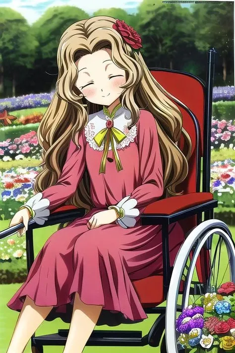 masterpiece, best quality, absurdres, ultra detail,<lora:GoodHands-vanilla:0.8> <lora:anmnr01:0.3> <lora:add_detail:0.5>  <lora:nunnally lamperouge:0.7>nunnally lamperouge,wheelchair,close eyes,smile,flower garden,butterfly,grabbing short scepter,red loose dress