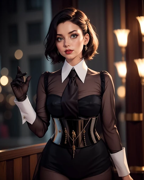 cinematic film still 1girl, solo, adult woman,(holding glove), high quality, best quality,high detail, standing,   <lora:Tweak_Detail25:0.5> <lora:JenCorset2-45:0.9>, c0rs3t, corset, see-through, necktie, collar, cuffs, dress . shallow depth of field, vignette, highly detailed, high budget, bokeh, cinemascope, moody, epic, gorgeous, film grain, grainy