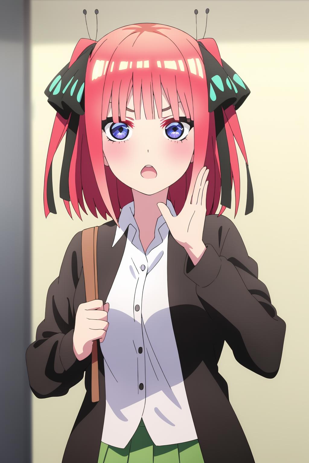 Anime girl with red hair and green skirt holding a brown bag - SeaArt AI