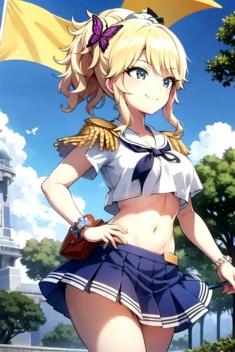 a woman is holding her arms out in a air in front of clouds, 1girl, skirt, solo, police, sky, long hair, police uniform, hat, breasts, smile, looking at viewer, short sleeves, uniform, blue sky, policewoman, shirt, cloud, blue shirt, Blonde hair, open mouth, blue skirt, necktie, ass, outdoors, day, belt, thighs, miniskirt, pencil skirt, side slit, :d,cutie_honey