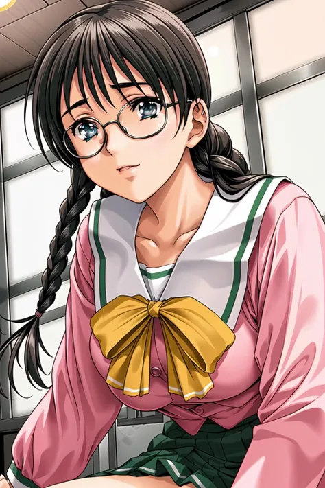 Simple White Background,
(pink_jacket:1.1),(Green_pleated skirt),(sailor_collar), school_uniform, serafuku,long_sleeves,Yellow_bowtie,
<lora:Shiho_Minazuki_Shuusaku-KK77-V1:0.7>,glasses,
black hair,blue eyes,twin braids,Bangs,
<lora:Mariana_Luciano_NON_VIRGIN-KK77-V1:0.3>,<lora:more_details:0.1>,
1 girl, 20yo,Young female,Beautiful Finger,Beautiful long legs,Beautiful body,Beautiful Nose,Beautiful character design, perfect eyes, perfect face,expressive eyes,perfect balance,
looking at viewer,(Focus on her face),closed mouth, (innocent_big_eyes:1.0),Light_Smile,
official art,extremely detailed CG unity 8k wallpaper, perfect lighting,Colorful, Bright_Front_face_Lighting,shiny skin,
(masterpiece:1.0),(best_quality:1.0), ultra high res,4K,ultra-detailed,
photography, 8K, HDR, highres, absurdres:1.2, Kodak portra 400, film grain, blurry background, bokeh:1.2, lens flare, (vibrant_color:1.2),professional photograph,
(Beautiful,large_Breasts:1.4), (beautiful_face:1.5),(narrow_waist),