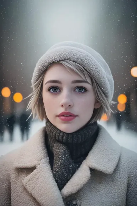 professional portrait photograph of  PelageaASMR <lora:PelageaASMR:0.9> n winter clothing with short hair, freckles, beautiful symmetrical face, cute natural makeup, wearing elegant winter fashion clothing, ((standing outside in snowy city street)), stunning modern urban upscale environment, ultra realistic, concept art, elegant, highly detailed, intricate, sharp focus, depth of field, f/1. 8, 85mm, medium shot, mid shot, (centered image composition), (professionally color graded), ((bright soft diffused light)), volumetric fog, trending on instagram, trending on tumblr, hdr 4k, 8k