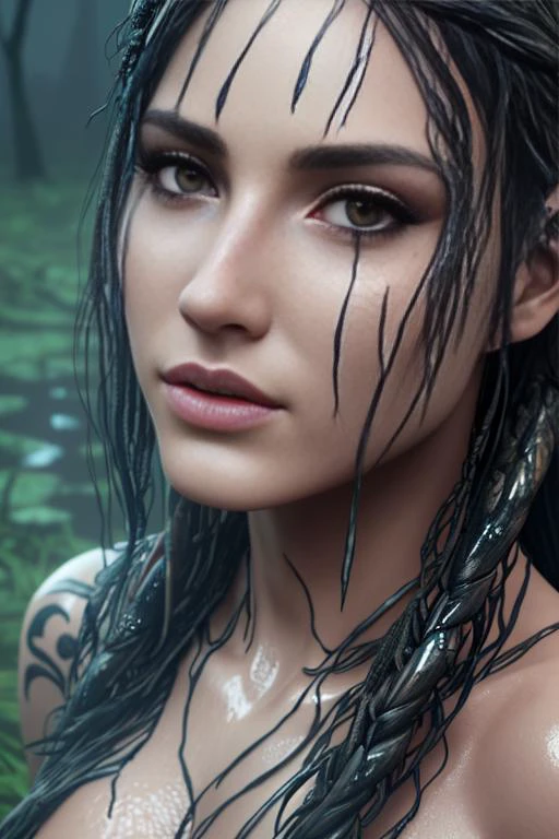 PelageaASMR <lora:PelageaASMR:0.9> outside in the rain, soaking wet, dank swamp, with tribal tattoos, (detailed facial features:1.15), Unreal Engine 5, 8K, HQ, HDR, amazing detail, intricate details, shallow depth of field, reflections, art by artgerm and greg rutkowski