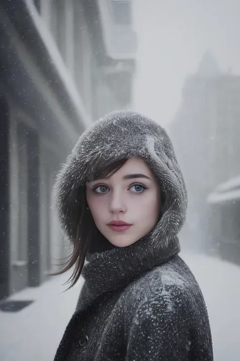 professional portrait photograph of  PelageaASMR <lora:PelageaASMR:0.9> n winter clothing with short hair, freckles, beautiful symmetrical face, cute natural makeup, wearing elegant winter fashion clothing, ((standing outside in snowy city street)), stunning modern urban upscale environment, ultra realistic, concept art, elegant, highly detailed, intricate, sharp focus, depth of field, f/1. 8, 85mm, medium shot, mid shot, (centered image composition), (professionally color graded), ((bright soft diffused light)), volumetric fog, trending on instagram, trending on tumblr, hdr 4k, 8k