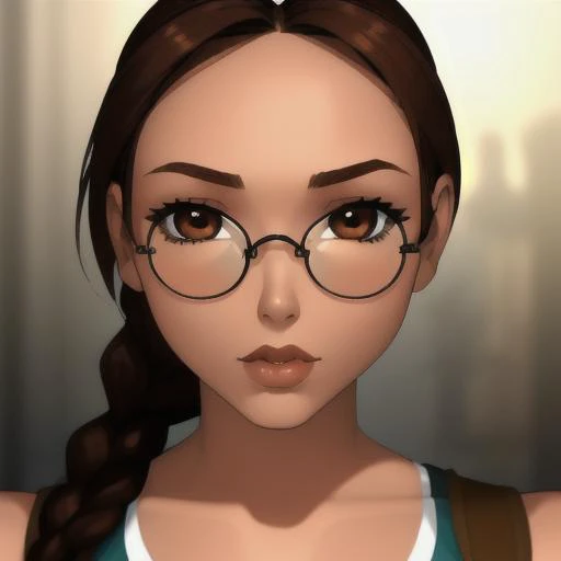 <lora:Vintage_Lara_Croft:1> 1 girl, solo, brown hair, braid, single braid, (brown eyes), wearing tank top, shorts, lips, looking at the viewer, close up ((portrait)), focus on face, blurred background, cosmic, tinted eyewear