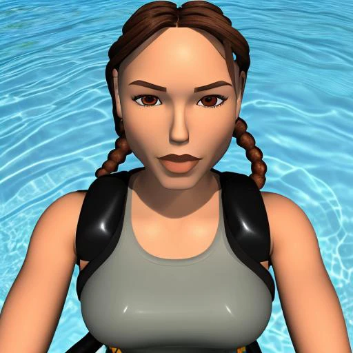 <lora:Vintage_Lara_Croft:1> 1 girl, solo, brown hair, braid, single braid, (brown eyes), wearing tank top, shorts, lips, looking at the viewer, close up ((portrait)), focus on face, blurred background, pool, diving suit