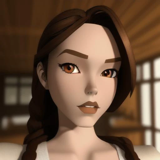 <lora:Vintage_Lara_Croft:1> 1 girl, solo,brown hair, braid, single braid, (brown eyes), lips, looking at the viewer, ((sharp face)), sharp angles, sharp 3d, ((Looking straight at the camera)), wearing teddy, focus on face, blurred background, beach house interior