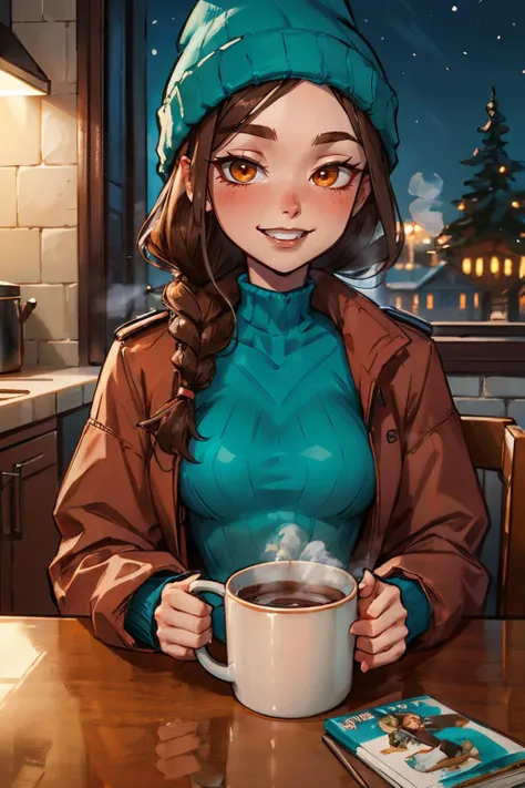 vintagelara, single braid, brown eyes, red parka, beanie, teal turtleneck, looking at viewer, smiling, blush, upper body shot, sitting, behind a table, inside cozy kitchen,mug of hot chocolate, steam, night, winter, high quality, masterpiece, <lora:Vintage_Lara_Croft:.8>