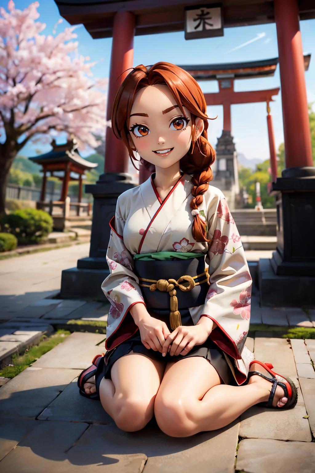 vintagelara, single braid, brown eyes, traditional kimono, sash, long sleeves, sandals, looking at viewer, serious, smiling, sitting, seiza, outside, cherry blossom, red torii, temple, high quality, masterpiece, <lora:Vintage_Lara_Croft:.8>