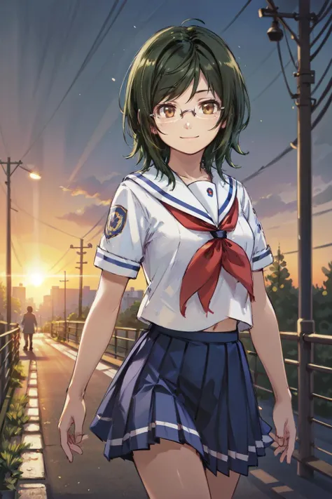 looking at viewer, smile,
1girl, solo, nmmck, short hair, green hair, brown eyes, glasses,
school uniform, serafuku, white collar, red neckerchief,
walking, street, sunset,
<lora:machiko-3-000006:0.8>, <lora:flat2:0.3>, <lora:add_detail:0.5>