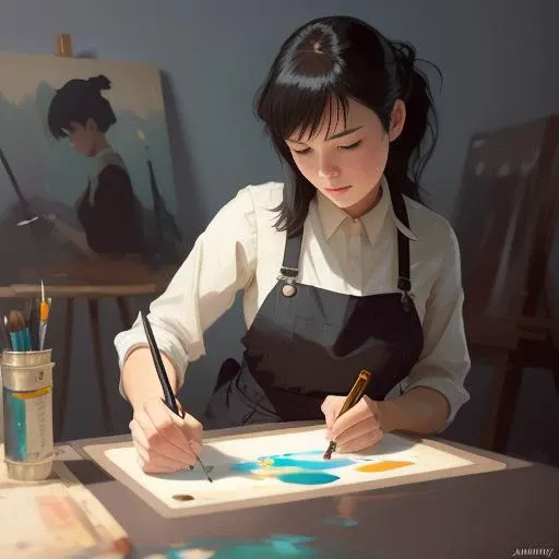 a beautiful woman, she is painting, oil painting by Ed Blinkey, Atey Ghailan, Studio Ghibli, by Jeremy Mann, Greg Manchess, Antonio Moro, trending on ArtStation, trending on CGSociety, Intricate, High Detail, Sharp focus, photorealistic painting style by midjourney and greg rutkowski,
art by SEL-FOC,