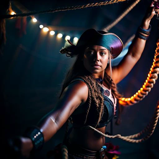 award winning photography, a beautiful pirate, pulling rope, stormy weather, intricate details, highly detailed skin, cinematic atmosphere, iridescent, modelshoot style, dreamlikeart, dramatic lighting, trending artstation, saturated colors,
art by SEL-FOC,