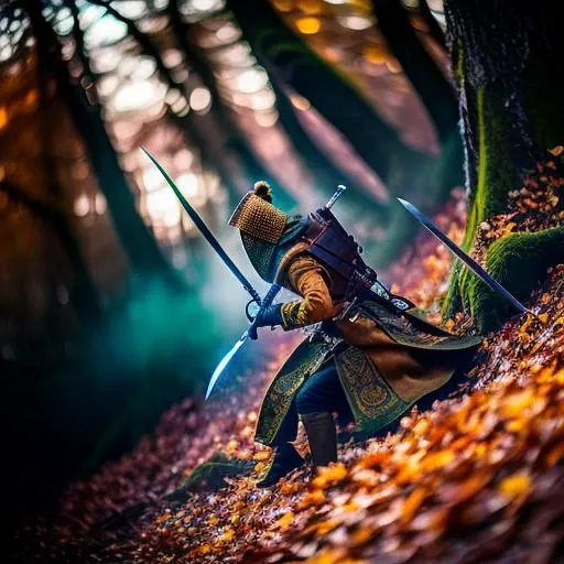 award winning photography, a beautiful hunter, attacking with a sword, autumn forest, intricate details, highly detailed skin, cinematic atmosphere, iridescent, modelshoot style, dreamlikeart, dramatic lighting, trending artstation, saturated colors,
art by SEL-FOC,