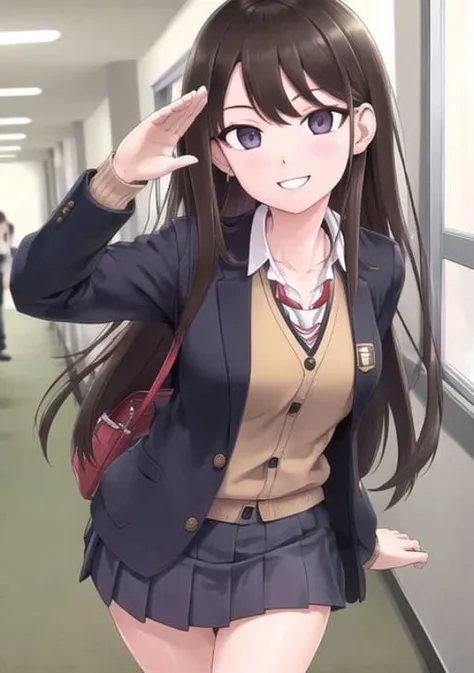 <lora:StyleMackgee0:1>, (highres:1.1), detailed, 1girl, maggea22, solo focus, school uniform, cardigan, smile, (school hallway), salute, geek, nerd, (pin), intense angle, pov, looking at viewer