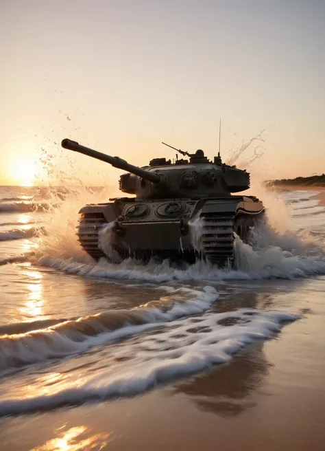 <lora:Centurion_Tank_SDXL:0.8> close-up of a cntrntnk tank driving through shallow water at high speed. Water is splashing around, at the beach, waves coming in, sunset