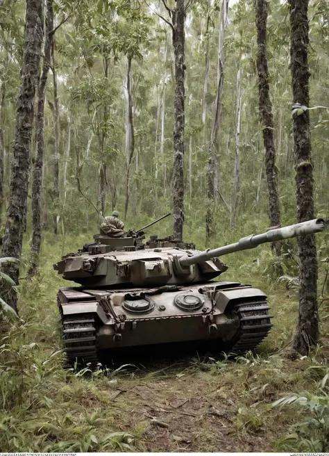 <lora:Centurion_Tank_SDXL:0.8> a cntrntnk tank in camouflage paint is hiding in theforest between the trees