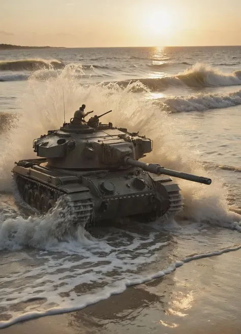 <lora:Centurion_Tank_SDXL:0.8> close-up of a cntrntnk tank driving through shallow water at high speed. Water is splashing around, at the beach, waves coming in, sunset