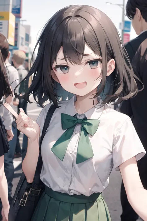 <lora:smugface_v100:1>
insanely detailed, absurdres, ultra-highres, ultra-detailed, best quality,
1girl, solo, nice hands, perfect hands
BREAK
summer school uniform, (plain dark green skirt with many pleats:1.4), (striped green bowtie:1.3), short sleeves, white shirt, shirt with white button, shirt_tucked_in
BREAK
(breast pocket, vest, blazor, long sleeves, checked skirt, striped skirt, striped shirt, striped sleeves, bra visible through clothes, skirt with frill:-1)
BREAK
(nsfw:-1.5)
BREAK
smug, open mouth
BREAK
from below,
standing, cowboy shot, looking at viewer
BREAK
slender, kawaii, perfect symmetrical face, ultra cute girl, ultra cute face, ultra detailed eyes, ultra detailed hair, ultra cute, ultra beautiful
BREAK
shibuya, akihabara, tokyo, street, crowd, cityscape, depth of field, ultra detailed background
BREAK
large breasts
BREAK
black hair, black eyes, curly hair,
