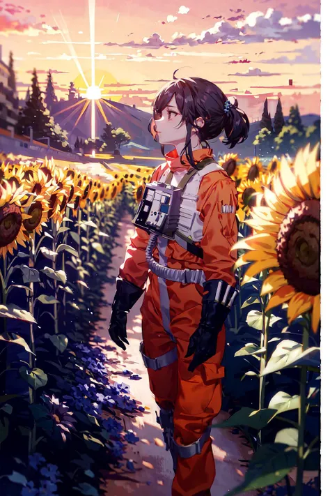 a woman in orange (rebel pilot suit:1.2), sunflower field, (angled camera shot), (looking away), (smooth surface), (cinematic), (softer tone), (beautiful lighting), (beautiful shadows), (bokeh lighting), ((bloom)), (high quality), (masterpiece), (very good parallax), (shimmering), (post-processing effects), (flower field with blue and purple flowers, river nearby), (sunset:1.4),<lora:RPSV3:0.8>