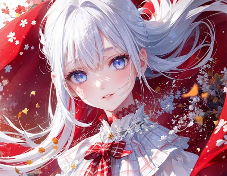 (1girl:1.3),(solo:1.3),(ultra detailed:1.2),(depth of field:1.2),(Amazing, beautiful detailed characters:1.2),(Realistic shadow effects:1.2),8k wallpaper,
BREAK
(cute maiden girl:1.2),(high definition eyes:1.3),(gradation clear vivid glitter pupil cute blue eyes:1.2),(eyes with a faint glint in them:1.3),(white long hair:1.3),bangs,(dignified beautiful face:1.2),hair between eyes,small mouth,(parted lips:1.2),with cute Healthy makeup,middle breasts,
BREAK
(squint smile:1.2),
(looking side:1.2),
BREAK
holding accessory,(White plaid flared skirt on red fabric:1.4),(Brown smock blouse:1.2),(White cape:1.2),(catsuit:1.2),bobby socks,brown loafer,
random pose,
Simple Background,dark brown,Ginkgo biloba,Autumn plants arranged in a circle,cosmos,acorn,Lots of flowers in pastel colors,
(A close-up portrait:1.3),
<lora:flat2:-0.05>,<lora:hairdetailer:0.2>,<lora:sharpen-soften:-0.3>