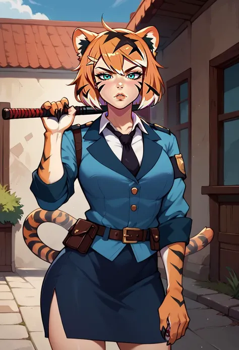 1girl, solo, valerie, tiger girl, orange fur, tiger stripes, facial mark, animal hands, claws, animal ears, animal print, tiger tail, outdoors, looking at viewer, serious, parted lips, toned, stance, holding baton \(weapon\), police baton, hand up, police uniform, blue jacket, sleeves rolled up, black necktie, blue skirt, pencil skirt, side slit, belt <lora:orcmassage_valerie_ponyXL:1>, zPDXL, score_9, score_8_up, score_7_up