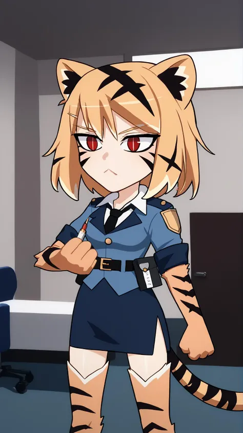 <lora:orcmassage_valerie_ponyXL:1> valerie, tiger girl, orange fur, tiger stripes, facial mark, animal hands, claws, animal ears, thighhighs, animal print, tiger tail, police uniform, blue jacket, sleeves rolled up, black necktie, blue skirt, pencil skirt, side slit, belt, <lora:necoarc-guy-PONY-v1:0.8> necoarc, blonde hair, red eyes, slit pupils, cat ears, chibi, :3, doctors office, hospital, solo,, score 9, score 8 up, score 7 up, score 6 up, score 5 up, score 4 up, BREAK,