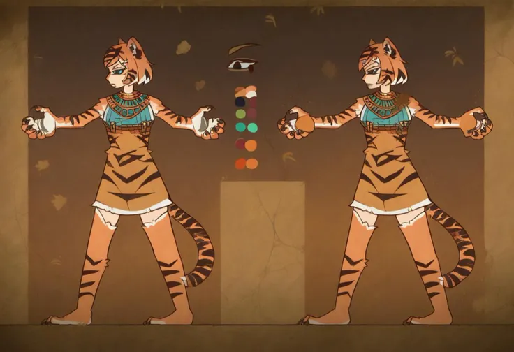 score_9, score_8_up,score_7_up,score_6_up, source_anime,
FauxEgyptian, standing, full body, black eyes, crack, old,dusty,
valerie, tiger girl, orange fur, tiger stripes, facial mark, animal hands, claws, animal ears, animal print, tiger tail, from side, multiple views, dancing, reference sheet,
<lora:FauxEgyptian_XLPD:1>
<lora:orcmassage_valerie_ponyXL:0.9>