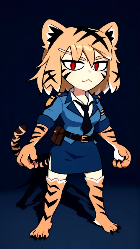 <lora:orcmassage_valerie_ponyXL:1> valerie, tiger girl, orange fur, tiger stripes, facial mark, animal hands, claws, animal ears, thighhighs, animal print, tiger tail, police uniform, blue jacket, sleeves rolled up, black necktie, blue skirt, pencil skirt, side slit, belt, <lora:necoarc-guy-PONY-v1:0.8> necoarc, blonde hair, red eyes, slit pupils, cat ears, chibi, :3,, score 9, score 8 up, score 7 up, score 6 up, score 5 up, score 4 up, BREAK,