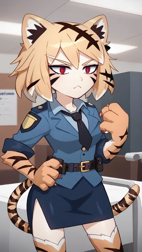 <lora:orcmassage_valerie_ponyXL:1> valerie, tiger girl, orange fur, tiger stripes, facial mark, animal hands, claws, animal ears, thighhighs, animal print, tiger tail, police uniform, blue jacket, sleeves rolled up, black necktie, blue skirt, pencil skirt, side slit, belt, <lora:necoarc-guy-PONY-v1:0.8> necoarc, blonde hair, red eyes, slit pupils, cat ears, chibi, :3, doctors office, hospital, solo,, score 9, score 8 up, score 7 up, score 6 up, score 5 up, score 4 up, BREAK,