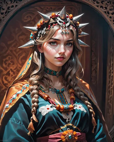 concept art, art by Brandon Woelfel, Klaus Wittmann and by Bastien Lecouffe-Deharme, Ambrotype, absurdres, Highres, <lora:Tawenza-v1:0.8> beautiful, traditional, headdress
